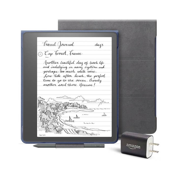 Kindle Scribe Essentials Bundle including Kindle Scribe (16 GB), Basic Pen, Brush Print Leather Folio Cover with Magnetic Attach - Storm Grey, and Power Adapter